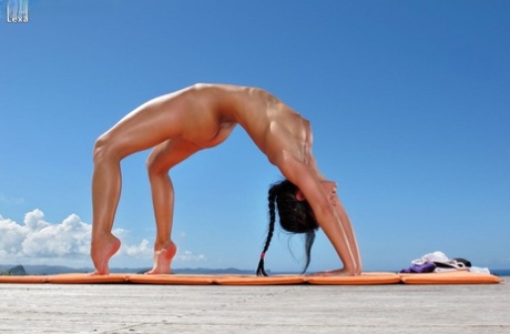 Sexy flexible Lexa doffs yoga pants to stretch pussy  bare firm ass outdoors