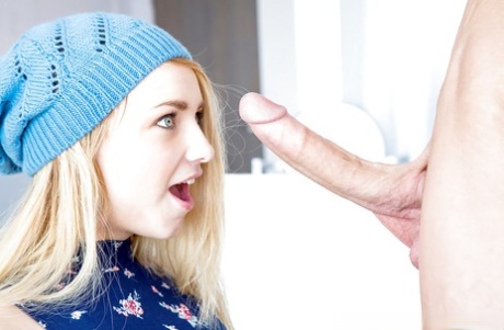 Blonde teenager Carmen Callaway licking huge penis for sexy CFNM blowjob 60064550
